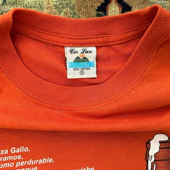 Vintage 90s Spanish Beer T-Shirt Mens S/M Gallo Cervesa Jumamento Orange - Picture 2 of 7